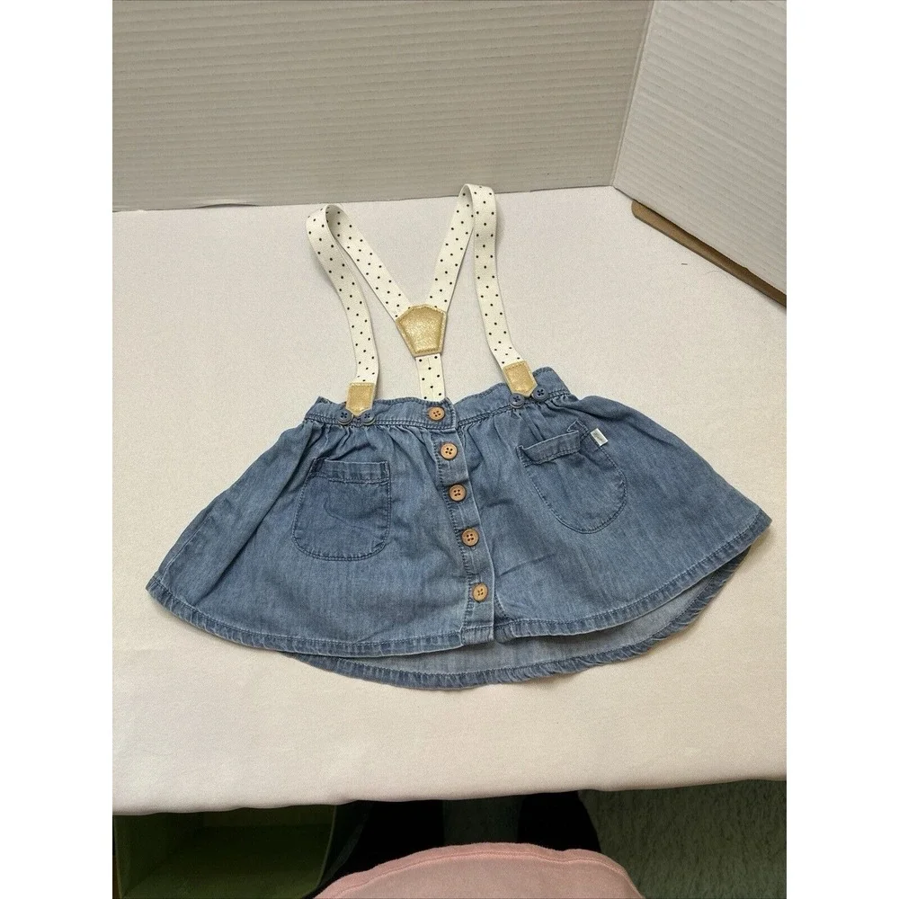 Oshkosh B'gosh Girl Denim Skirt W/ Rose Gold Accented Polka Dot‎ Suspenders 12M